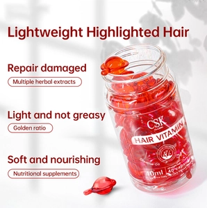 Close-up of CSK hair vitamin capsules in a bottle with nourishing Moroccan oil essence