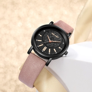 Montre à quartz YOLAKO pour femme avec cadran ciel étoilé et bracelet en cuir rose