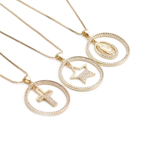 Round Pendant Necklace Copper Gold Plated Zircon Inlay Cross Star Religious Geometric Jewelry For Men Women