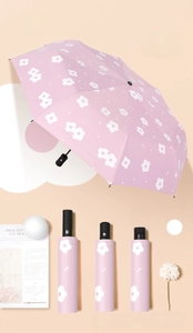 Pink floral folding umbrella with three handle options including automatic button style