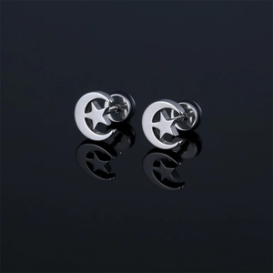 Polished silver stainless steel star and moon stud earrings on reflective black background