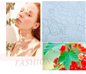 Artistic collage showing fashion gold multi-layer necklace and gemstone earrings on model