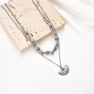 Dual-layer titanium steel necklace with U-link chain, fan pendant, and blue stone inlay