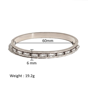 Silver rectangle cz cuff bracelet detail showing 60mm diameter and 6mm width specs