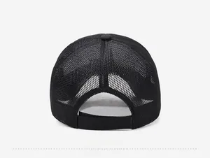 Rear view of black breathable mesh baseball cap with adjustable strap for outdoor sun protection