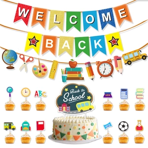 Detail of Back to School party set with colorful welcome banners and cake toppers