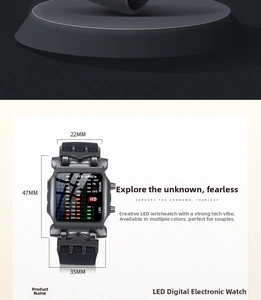 Detailed view of binary LED watch showing 47x35mm dimensions and silicone strap size