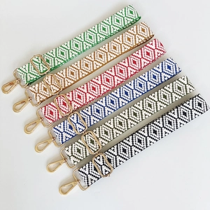 Adjustable Bag Shoulder Strap Replacement Wide Woven Polyester Webbing Ethnic Geometric Pattern Gold Hooks Crossbody Handle
