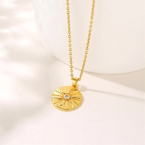 18k gold plated sun medallion necklace with zircon inlay on a minimalist cable chain