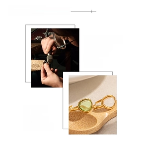 Detail of 18k gold plated stainless steel rings with green jelly stone inlay and craftsmanship