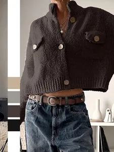 Women Knit Cardigan Sweater Thick Polyester Long Sleeve Stand Collar Large Wood Buttons Flap Pockets Cropped Casual Tops