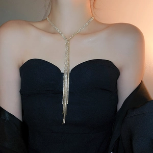 Detail of layered rhinestone fringe necklace with shimmering tassels on a model