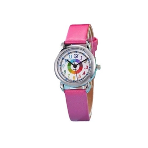 Pink quartz watch for kids with colorful round dial and soft leather strap in white background