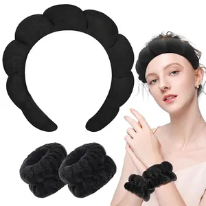 Black sponge cloud headband set with elastic microfiber wristbands for face washing