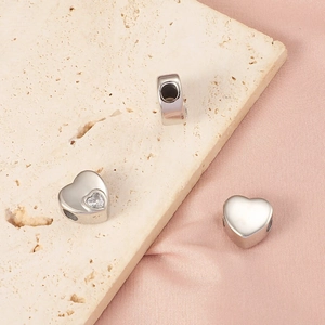 Heart Shape 304 Stainless Steel Large Hole Bead With Rhinestone Mirror Polished For DIY Jewelry Making Accessories