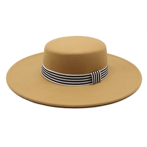 Classic khaki wide-brim wool felt fedora hat with a striped ribbon band for women