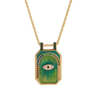 Retro tarot rectangular sun necklace with green enamel eye and colorful crystals