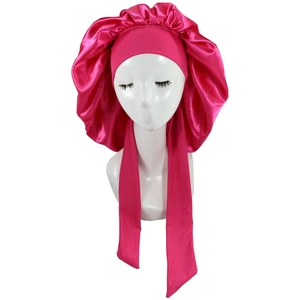 Adjustable magenta satin sleep bonnet with wide elastic head tie for hair protection