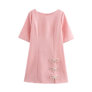 Pink Tweed Mini Dress Round Neck Short Sleeve Artificial Pearl Bow Decoration High Waist A-Line Sweet Elegant Summer Women