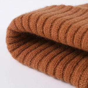Winter thick caramel ribbed knit beanie for women, double-layered warm outdoor hat