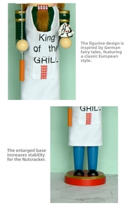 Detail of chef nutcracker apron with King of the Grill text and cupcake decoration