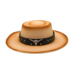 Vintage Tibetan wool felt flat top jazz hat featuring bull head leather band decor