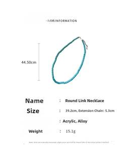 Detail view showing blue acrylic bead necklace dimensions and alloy clasp measurements