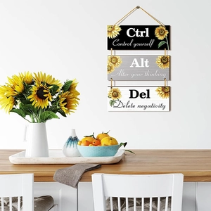 Targa in legno con girasoli e frasi Ctrl Alt Del per decorazione murale dell'ufficio