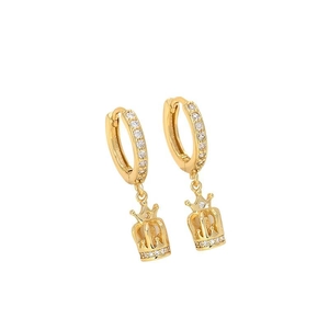 Elegant gold crown drop earrings with sparkling zircon crystals on a white background