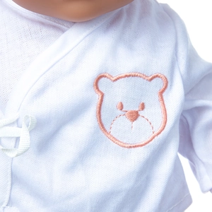 Detail of white cotton kimono top for 18-inch doll with pink bear head embroidery