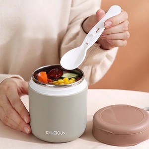 Portable 304 stainless steel soup cup in sage green with folding spoon and lid