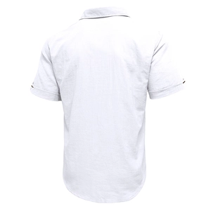 Rear view of white cotton linen shirt showing clean minimalist cut and collar detail