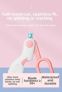 Detail of pink pet nail clipper with stainless steel crescent blade and safety lock system