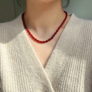 Beaded Necklace With 925 Sterling Silver Natural Black Onyx Red Agate Oval Beads Minimalist Jewelry For Women