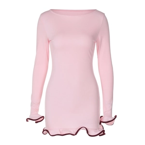 Close-up of pink long sleeve bodycon dress featuring elegant ruffle trim and contrast piping