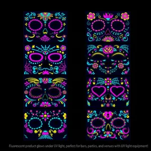 Tatouages visage néon d'Halloween Jour des Morts brillant sous lumière UV