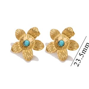 Detail showing vintage gold five-petal flower earrings with turquoise inlay, size 23.5mm