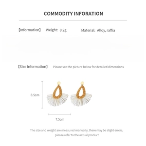 Detailed view of bohemian raffia drop earrings with fan-shaped tassels and size labels