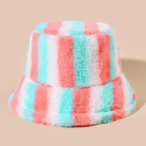 Rainbow striped plush bucket hat in pink, white, and mint green faux fur finish