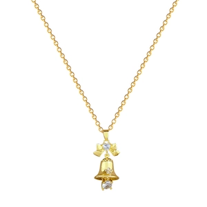 Elegant gold titanium steel necklace featuring a bow-knot bell pendant with sparkling crystals