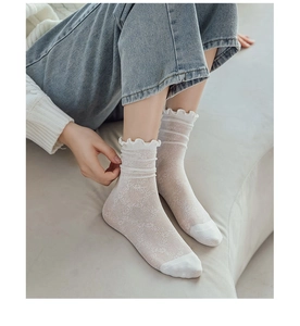 Detailed close-up of white mesh socks with lace trim and hollow breathable texture
