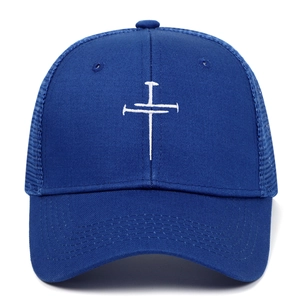 Royal blue mesh trucker hat with 6-panel structure and white cross embroidery on the front