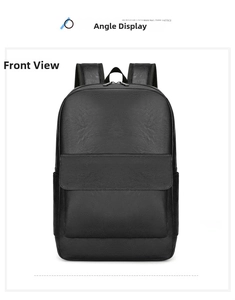 Front view detail of a black leather business laptop backpack with minimalist flap pocket