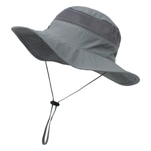 Detail view of the breathable mesh crown and adjustable windproof cord on a grey sun hat