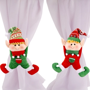 Pair of Christmas elf curtain tiebacks in red and green plush fabric for festive home decor