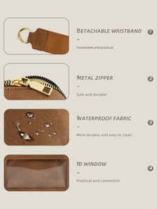 Detail view of brown leather card wallet featuring detachable wristlet and durable metal zipper