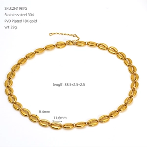Detailed view of 18K gold plated stainless steel shell link necklace with size specs