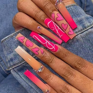 Long Coffin Press On Nails Gradient Pink Nude Heart Letter Design Rhinestone Decorated French Style Fake Nails