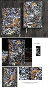 Detailed views of vintage notebook featuring 3D dragon relief and textured metal finish