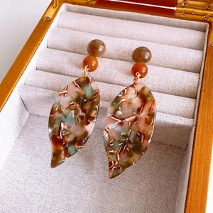 Leaf Pendant Earrings With 925 Sterling Silver Earring Post Acetate Marble Texture Retro Ethnic Style Dangle For Women